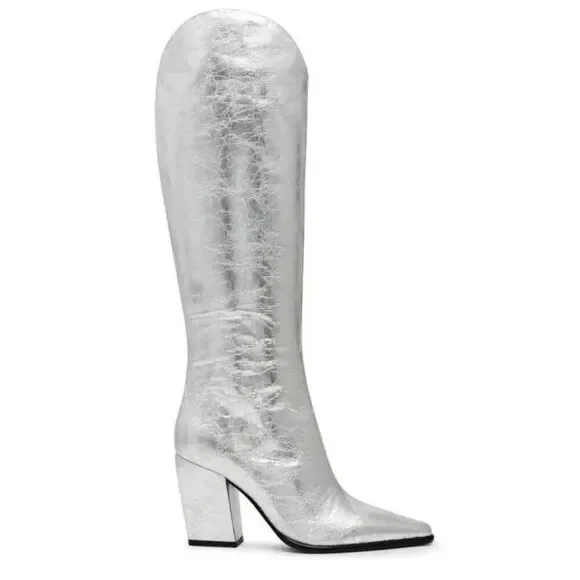 Steve Madden Silver Pointed Toe Size 6.5 Block Heel Knee High Boots NEW